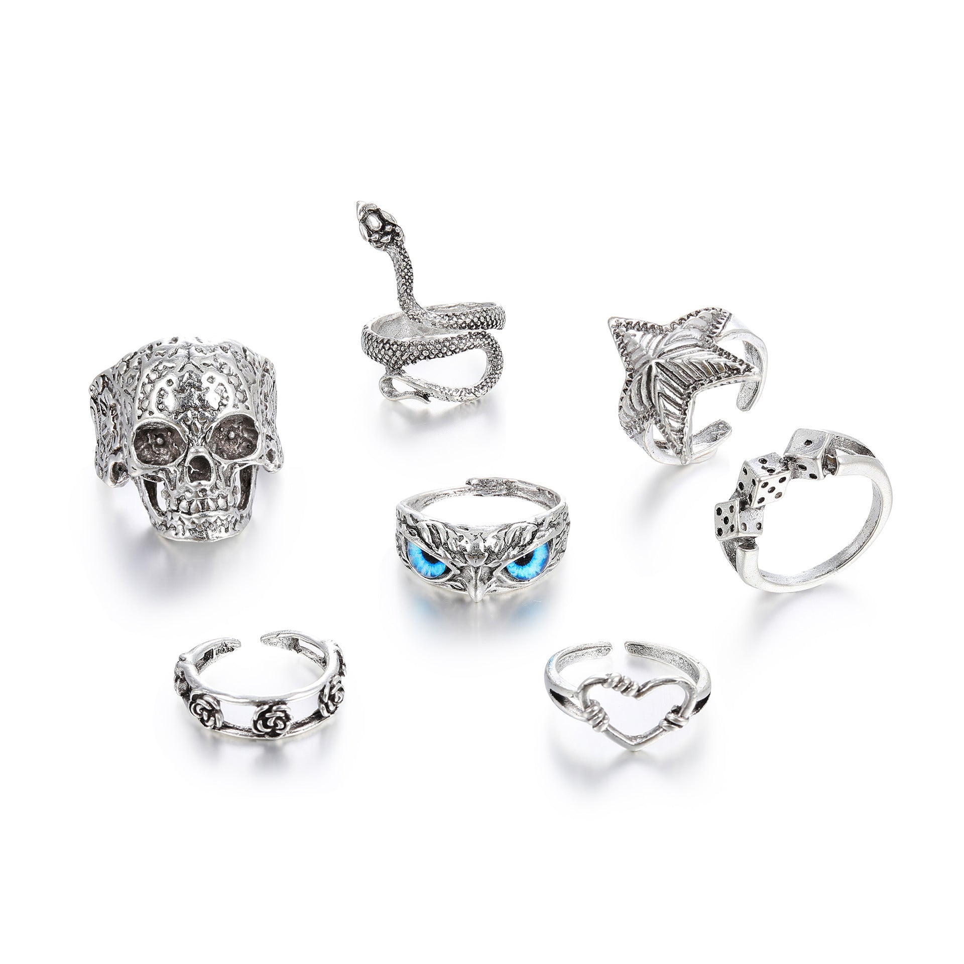 Wholesale Alloy Skull Snake Men Ring Set of 7